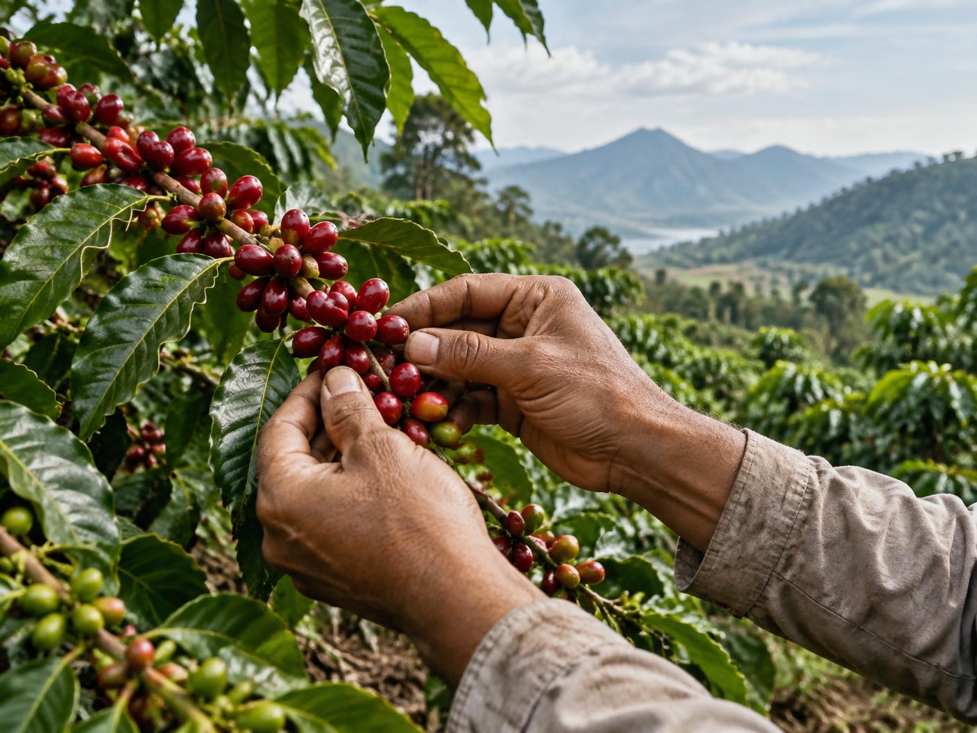 Coffee cherries being carefully inspected in an Indonesian plantation