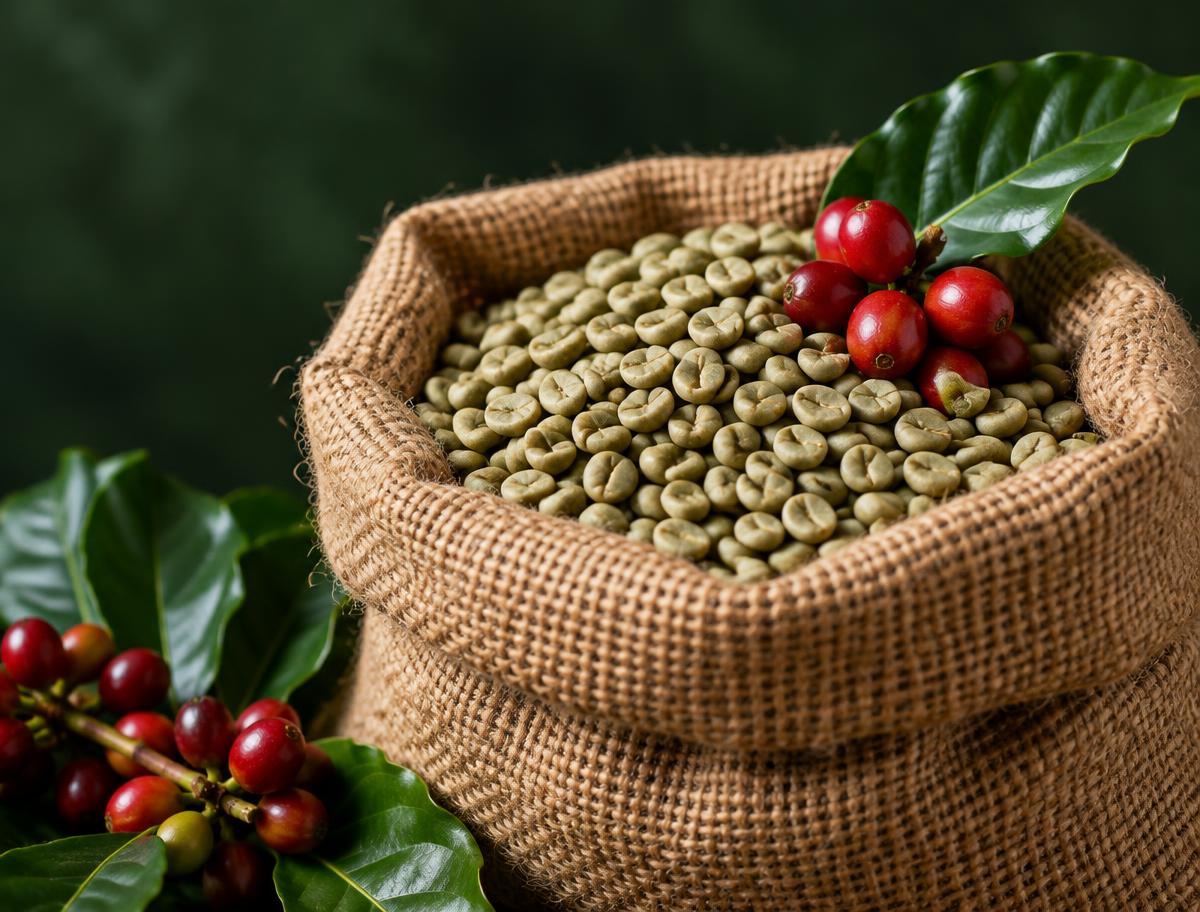 Green Indonesian coffee beans and ripe coffee cherries