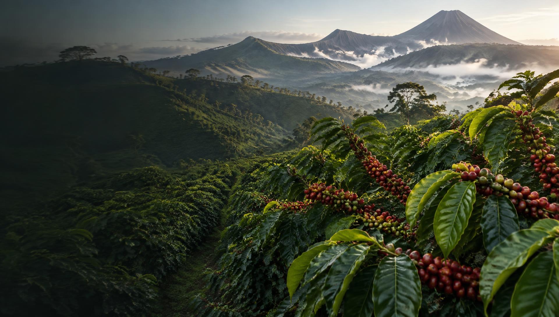 Coffee plantation and volcanic highlands in East Java, Indonesia